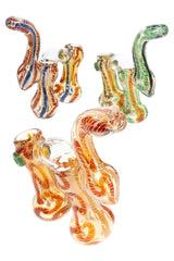 Assorted 7″ color-changing double-chamber Sherlock bubblers with multicolor squiggle stripes