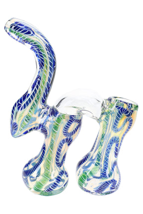 7″ double-chamber Sherlock glass bubbler with color-changing finish and bright squiggle accents