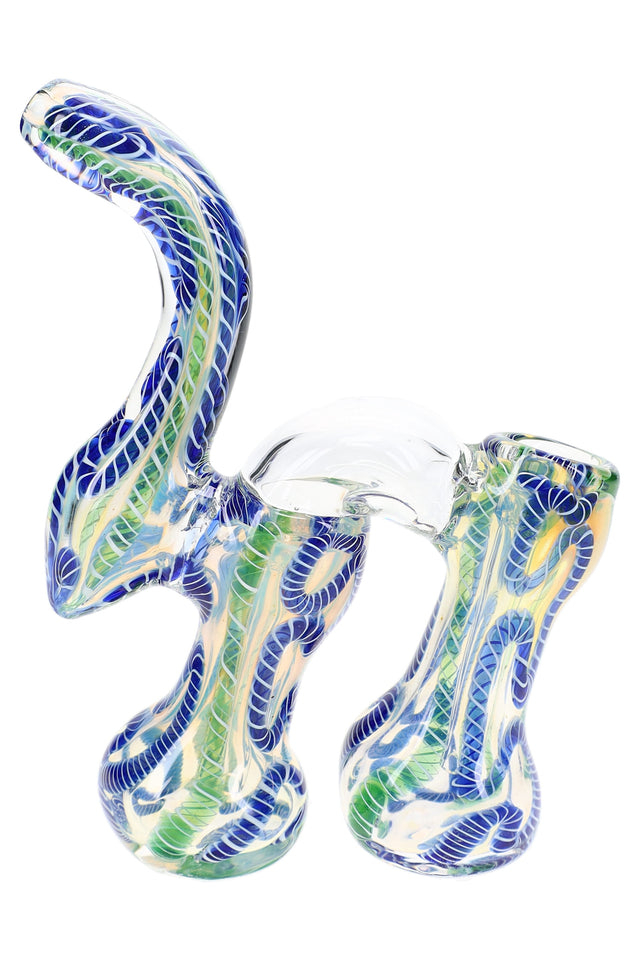 7″ double-chamber Sherlock glass bubbler with color-changing finish and bright squiggle accents