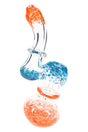 Clear multicolor frit Sherlock bubbler with blue and orange accents, curved neck, and round chamber