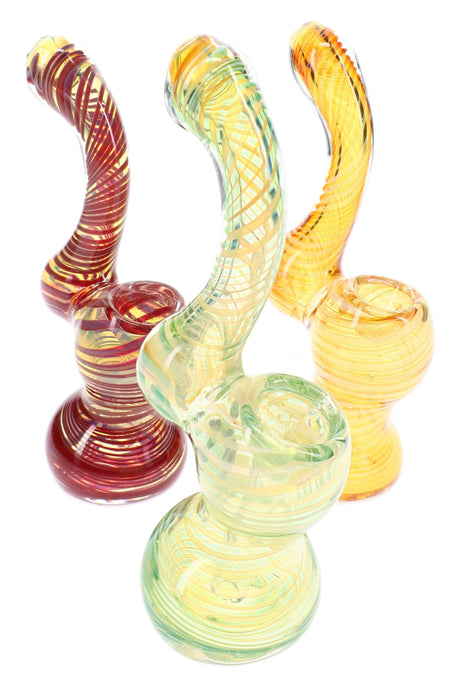 Assorted 5″ color-changing glass Sherlock bubblers with colorful spiral stripes and curved mini bodies