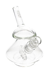 Clear GRAV Wobble glass bubbler, 5″ tall with 14 mm female joint, domed chamber, and angled straw mouthpiece on a stable rounded base.