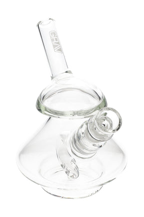 Clear GRAV Wobble glass bubbler, 5″ tall with 14 mm female joint, domed chamber, and angled straw mouthpiece on a stable rounded base.