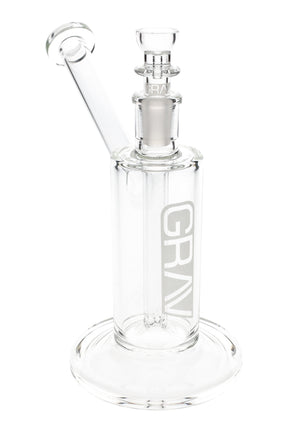 Clear GRAV medium upright glass bubbler, 7″ tall with angled mouthpiece, fixed fission downstem, and 14 mm bowl on a flared base.