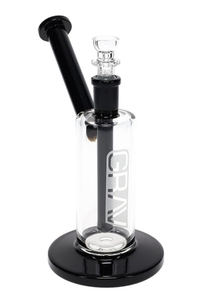 Clear GRAV Medium Upright Bubbler with black accents, 7″ tall with 14 mm cup bowl and fixed fission downstem on a stable round base.