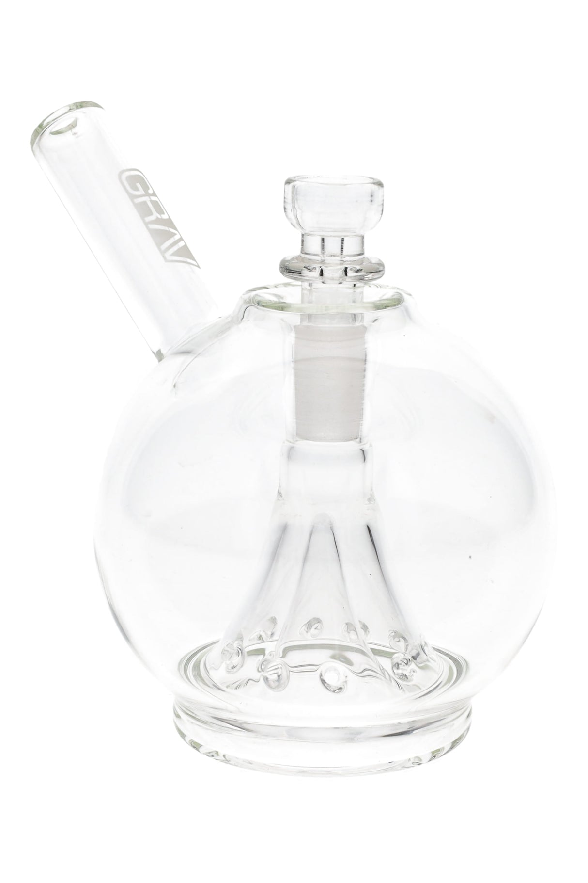 Clear GRAV Globe Bubbler with conical multi-hole perc, 4.75″ tall, 14.5 mm female joint and angled mouthpiece, round snow-globe chamber.