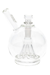 Clear GRAV Globe Bubbler with conical multi-hole perc, 4.75″ tall, 14.5 mm female joint and angled mouthpiece, round snow-globe chamber.