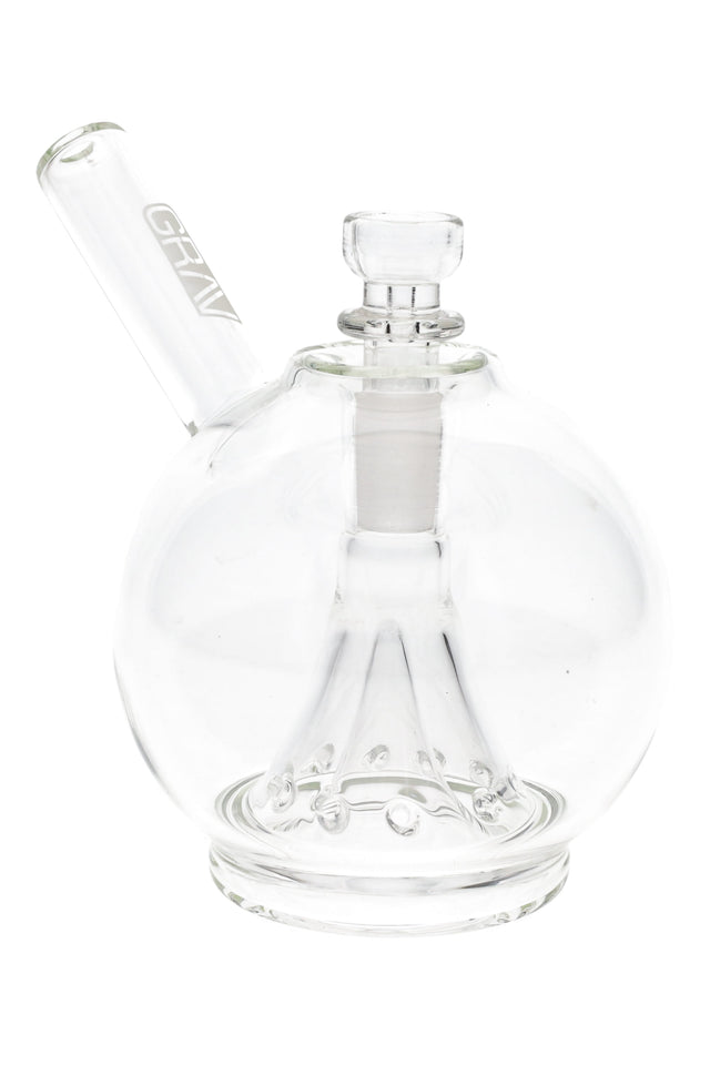 Clear GRAV Globe Bubbler with conical multi-hole perc, 4.75″ tall, 14.5 mm female joint and angled mouthpiece, round snow-globe chamber.