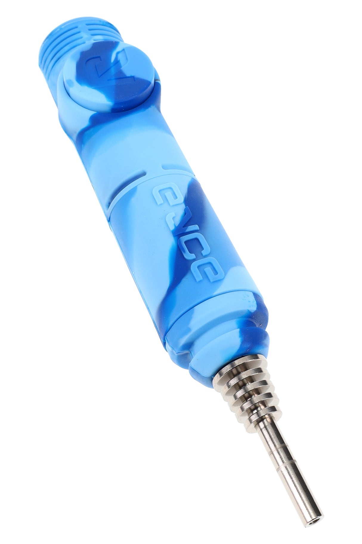 EYCE silicone dab straw in blue and navy swirl, metal tip attached and threaded storage cap shown