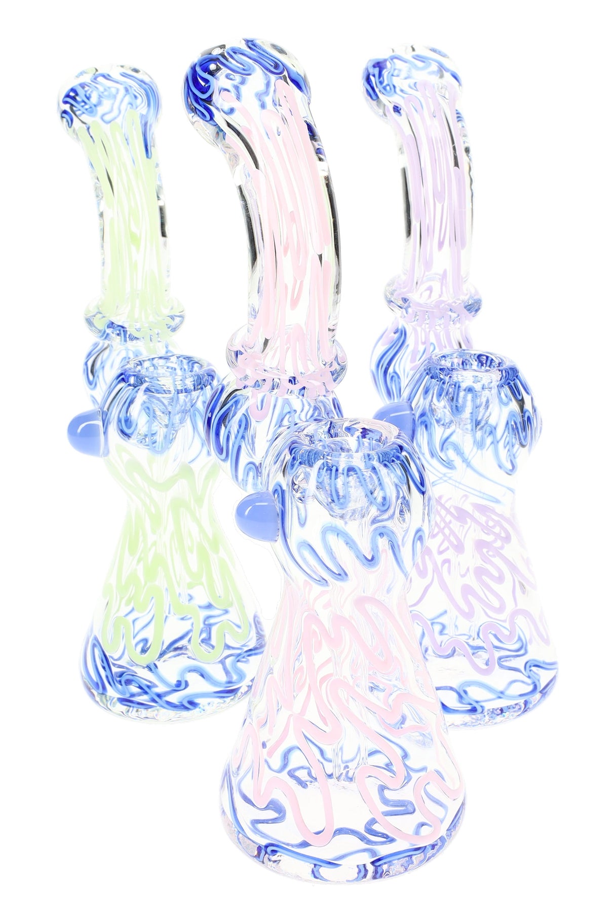 7" Medium Multicolor Squiggle Striped Clear Glass Sherlock Bubbler - B1416