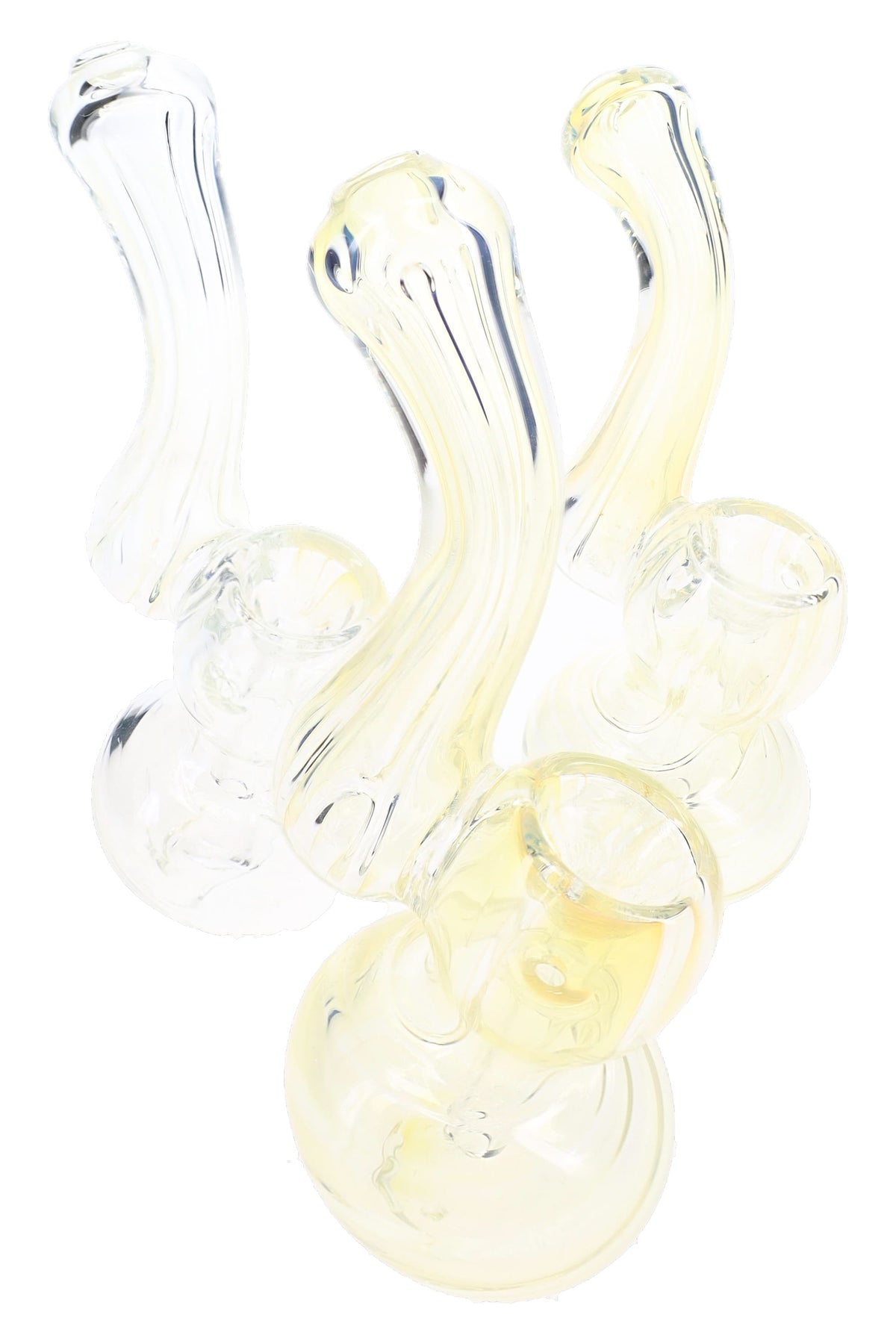 Assorted mini fumed glass Sherlock bubblers with pale yellow clear finishes and curved necks