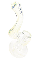 Mini fumed glass Sherlock bubbler with pale yellow tint, curved neck, round base, bowl, and side carb