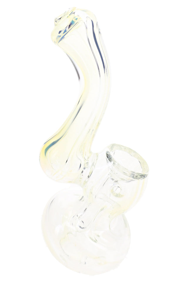 Mini fumed glass Sherlock bubbler with pale yellow tint, curved neck, round base, bowl, and side carb