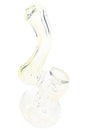 Mini fumed glass Sherlock bubbler with pale yellow tint, curved neck, round base, bowl, and side carb