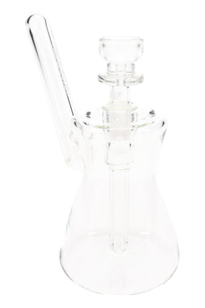 Clear glass pocket bubbler with hourglass chamber, long angled mouthpiece, and 10 mm bowl, about 4½″ tall on white background.