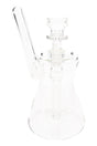 Clear glass pocket bubbler with hourglass chamber, long angled mouthpiece, and 10 mm bowl, about 4½″ tall on white background.
