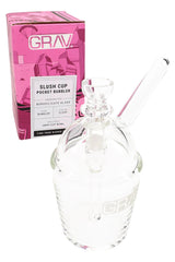 GRAV slush cup pocket bubbler displayed beside retail box, clear glass design with included 10 mm cup bowl.