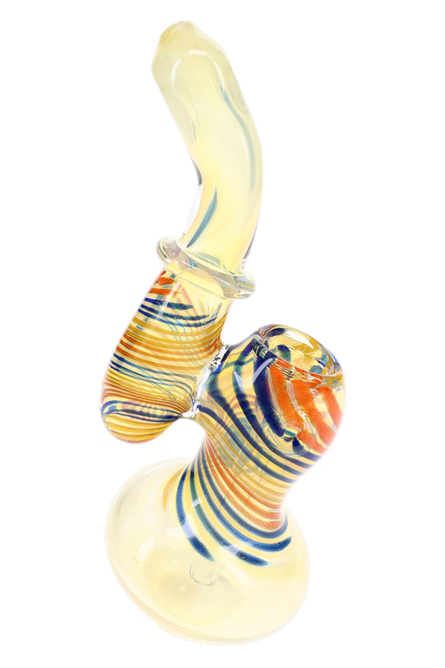 Yellow color-changing glass Sherlock bubbler with swirl stripes, round base, bowl, and side carb
