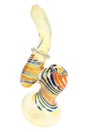 Yellow color-changing glass Sherlock bubbler with swirl stripes, round base, bowl, and side carb