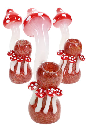 6-inch silver-fumed mushroom sherlock glass bubbler with red spotted caps and built-in water chamber, shown upright on a white background