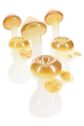 6-inch metallic-fumed sherlock with sculpted mushroom bowl, compact water chamber, side carb, and flat base, shown upright in assorted color finishes on white.