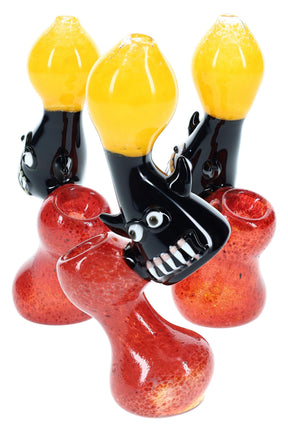 Small frit glass sherlock bubbler with red base and black critter head, curved neck and round water chamber; whimsical, assorted colors.