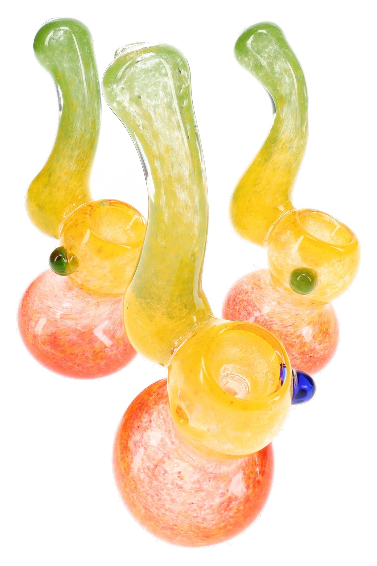 Three mini Rasta frit glass Sherlock bubblers showing assorted accent dots and swirled colors