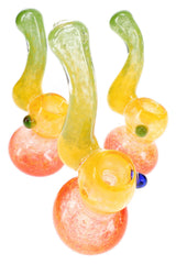 Three mini Rasta frit glass Sherlock bubblers showing assorted accent dots and swirled colors