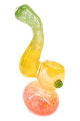 Mini Rasta frit glass Sherlock bubbler with curved green neck, yellow bowl, and red rounded base