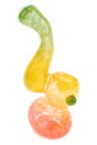 Mini Rasta frit glass Sherlock bubbler with curved green neck, yellow bowl, and red rounded base