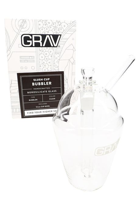 GRAV Slush Cup Bubbler shown beside retail box, clear glass design with included 14 mm cup bowl.