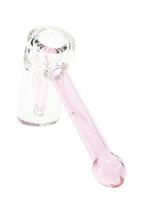 Soft pink GRAV Mini Hammer Bubbler side view with clear can base, pastel stem, and bowl detail on clean white backdrop.