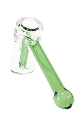 Classic green GRAV Mini Hammer Bubbler on white background emphasizing clear chamber, rounded mouthpiece, and compact portable size.