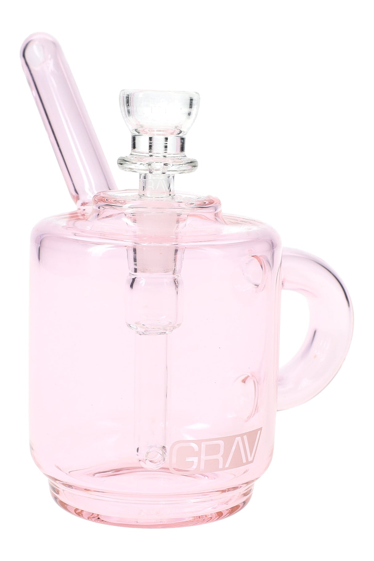 Soft pink GRAV Coffee Mug Pocket Bubbler showing clear 10 mm bowl and mug-style handle, profile shot on white.