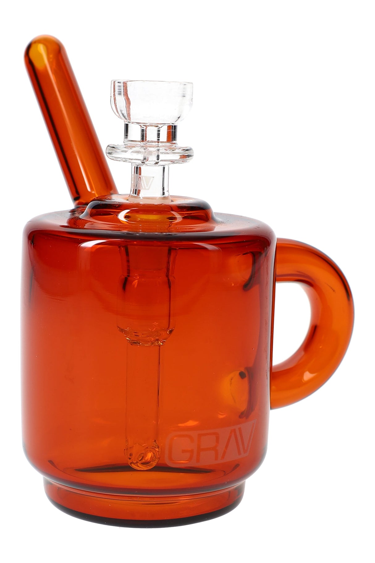 Warm amber GRAV Coffee Mug Pocket Bubbler with angled mouthpiece and sturdy handle, product photo on white background.