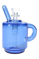 Light cobalt GRAV Coffee Mug Pocket Bubbler revealing two-hole downstem and 10 mm bowl, studio white backdrop.