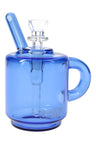 Light cobalt GRAV Coffee Mug Pocket Bubbler revealing two-hole downstem and 10 mm bowl, studio white backdrop.