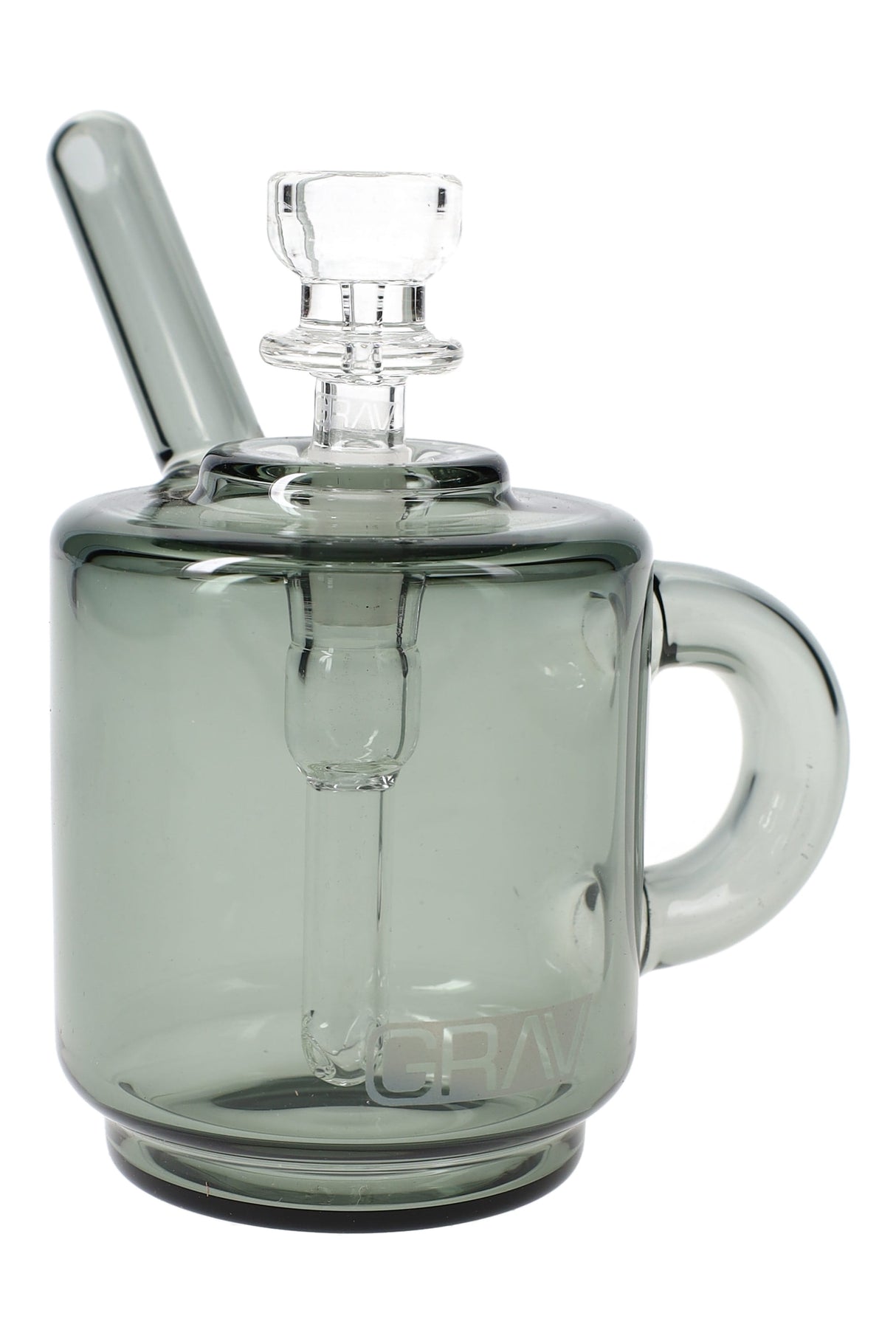 Smoke gray GRAV Coffee Mug Pocket Bubbler with mug handle and tilted mouthpiece, crisp front view on white backdrop.