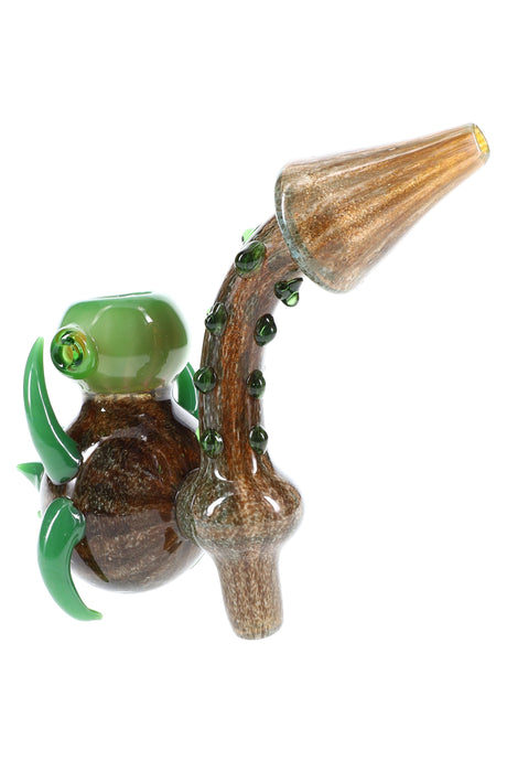 Silver-fumed 6.5-inch sherlock glass water pipe with color-changing frit, green spike grips, and realistic eyeball marble accent, shown in purple, blue, and green variants