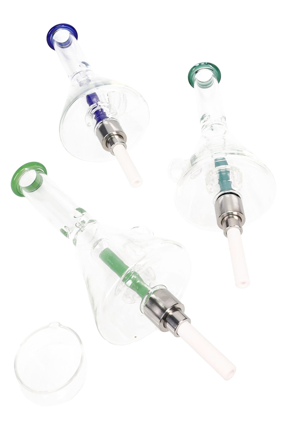 Compact 6.5-inch beaker dab straw kit with clear glass body, showerhead perc, ice pinch, and screw-on ceramic tip in assorted accent colors on a white background.