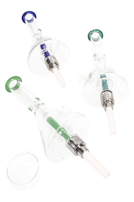 Compact 6.5-inch beaker dab straw kit with clear glass body, showerhead perc, ice pinch, and screw-on ceramic tip in assorted accent colors on a white background.