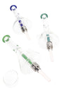Compact 6.5-inch beaker dab straw kit with clear glass body, showerhead perc, ice pinch, and screw-on ceramic tip in assorted accent colors on a white background.