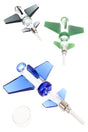 Clear plane-shaped 6.5-inch glass dab straw with screw-on ceramic tip and colored wing accents, shown disassembled on a white background.