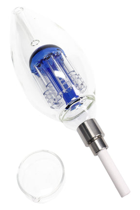 Blue-perc light bulb dab straw kit showing internal tree perc, ceramic tip, and round glass concentrate dish below the body