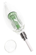 Green-perc glass light bulb dab straw with tree perc chamber, ceramic tip, and separate glass concentrate dish beneath the mouthpiece