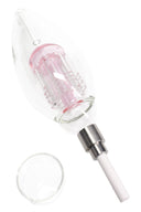 Pink-perc light bulb dab straw kit with internal tree perc, ceramic tip, and round glass wax dish arranged on a white backdrop