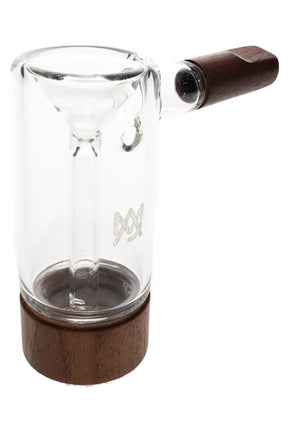 Clear borosilicate glass can-style bubbler with dark wood mouthpiece and base, fixed downstem and funnel bowl, upright on white background.