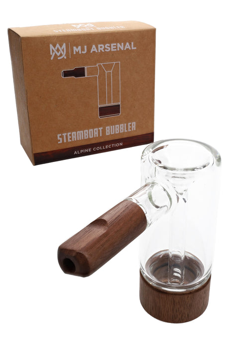 MJ Arsenal Steamboat Bubbler from the Alpine Collection with branded box, clear glass body and wood handle and base for dry herb.