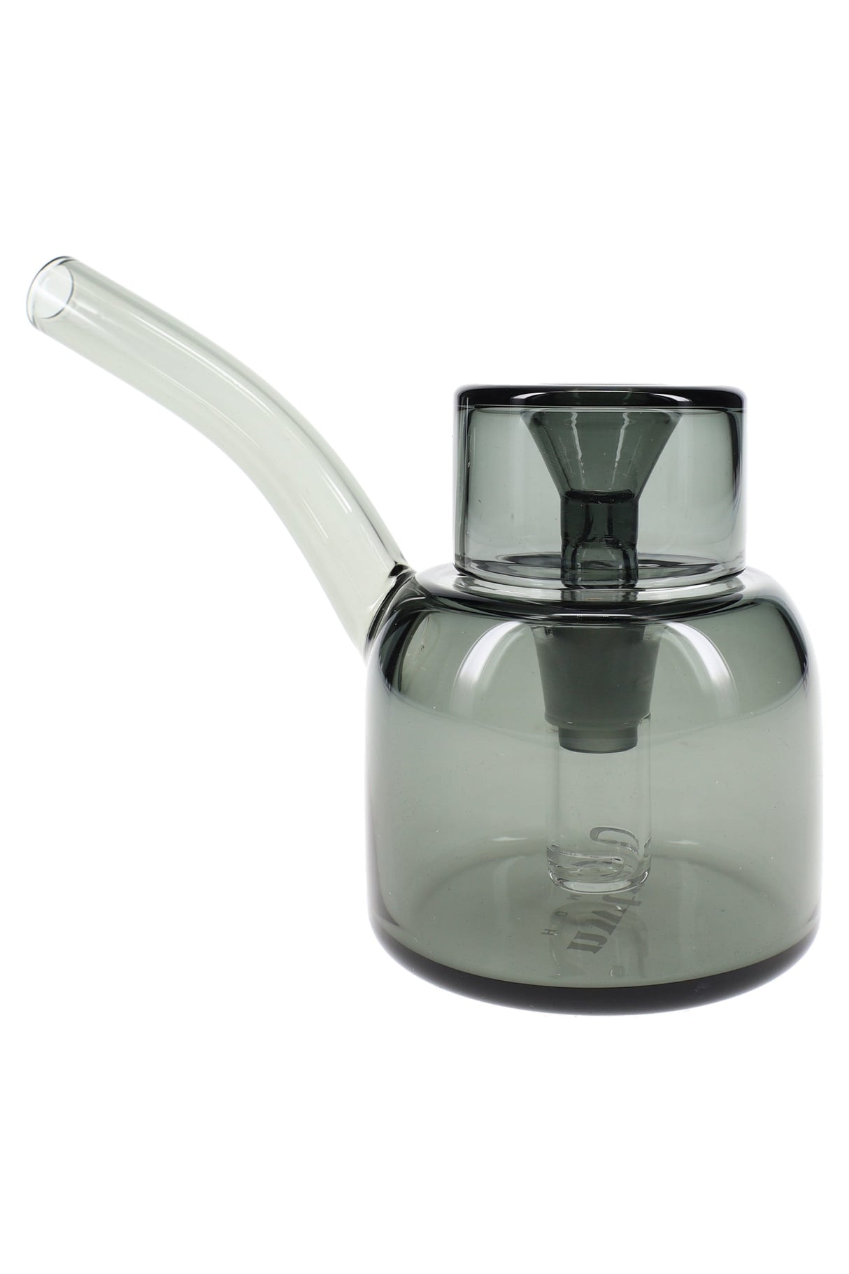 Charcoal gray 5″ NWTN Vesper glass bubbler with angled neck and clear stem, minimalist tabletop bong on white backdrop.