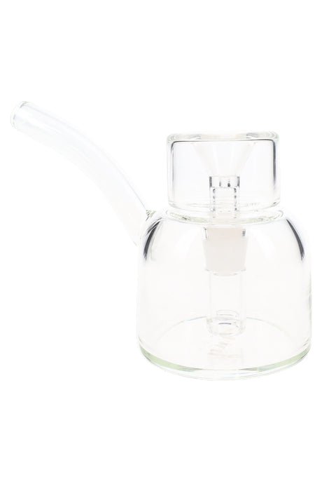 Clear 5″ NWTN Vesper glass bubbler highlighting inner downstem and funnel bowl, compact modern water piece on white.